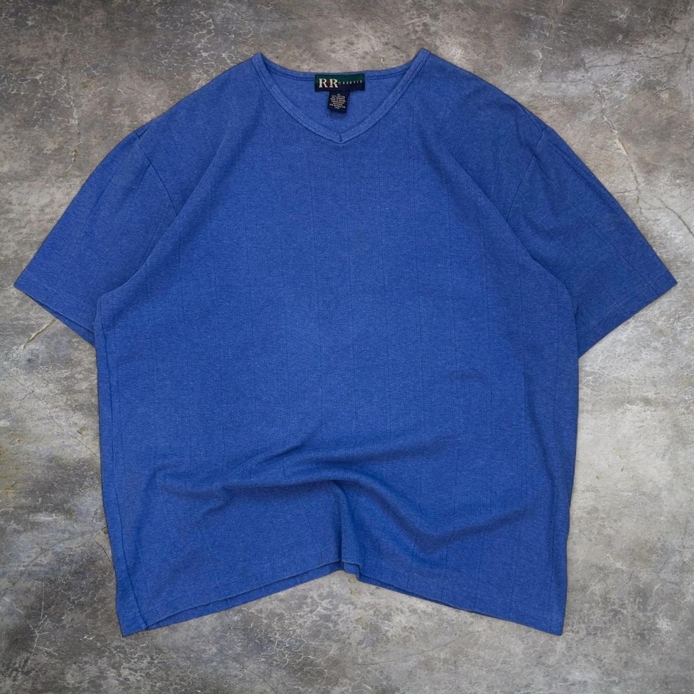 Vintage R&R Casuals Blue Ribbed V-Neck T-Shirt Men's Size XL Preppy Academia 90s